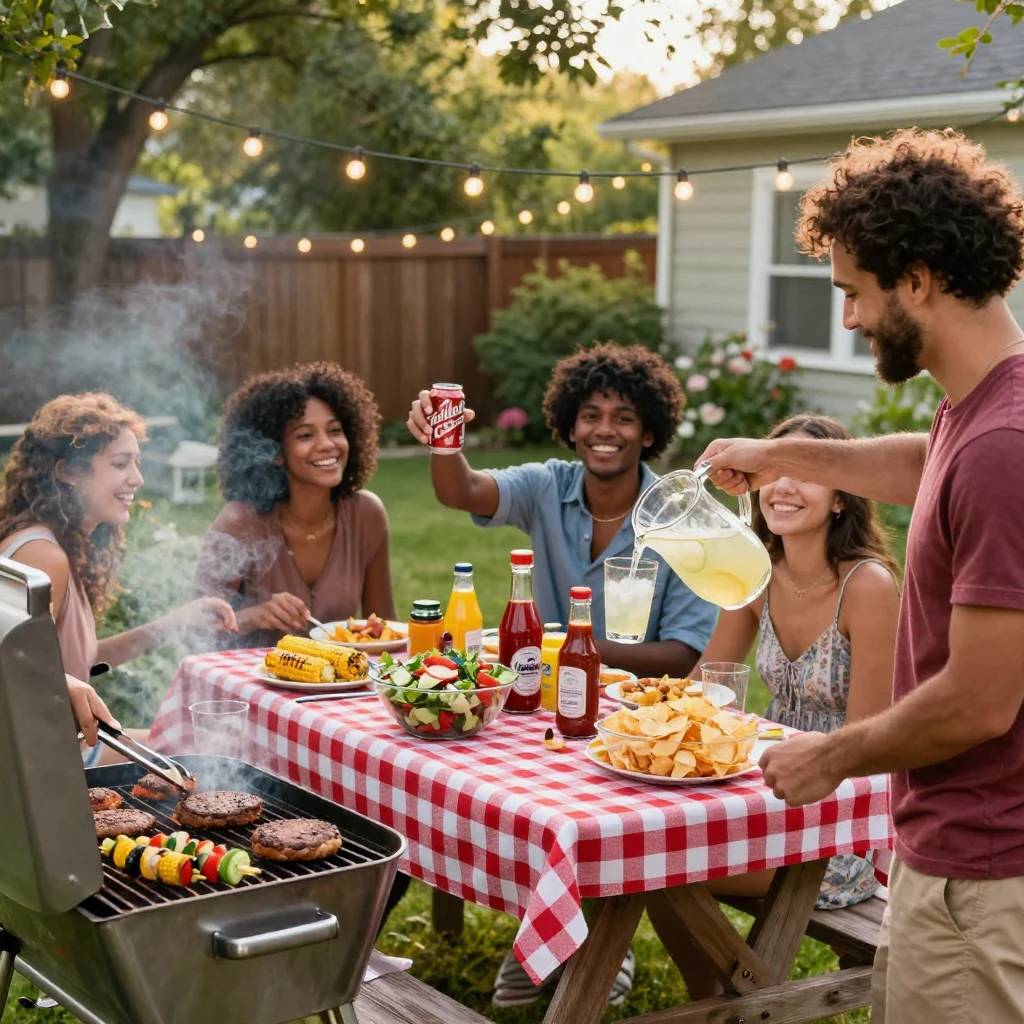 A group of friends grilling and eating together at a backyard barbecue.