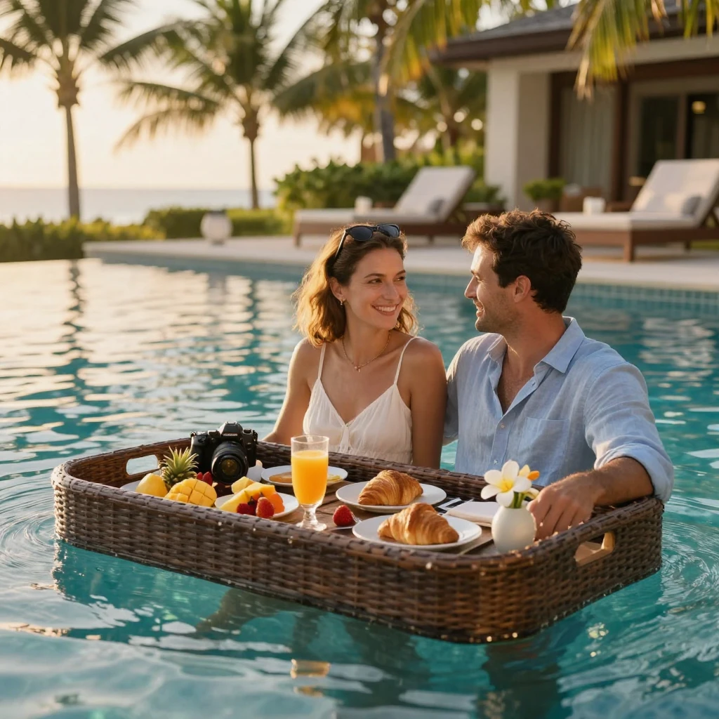 A couple relaxing in a floating breakfast tray at a resort pool.