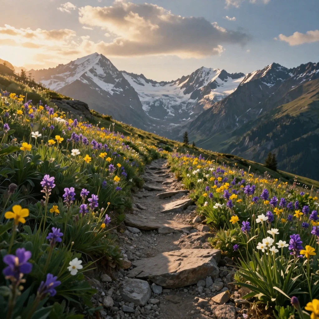 A rugged mountain trail winding through alpine wildflowers.