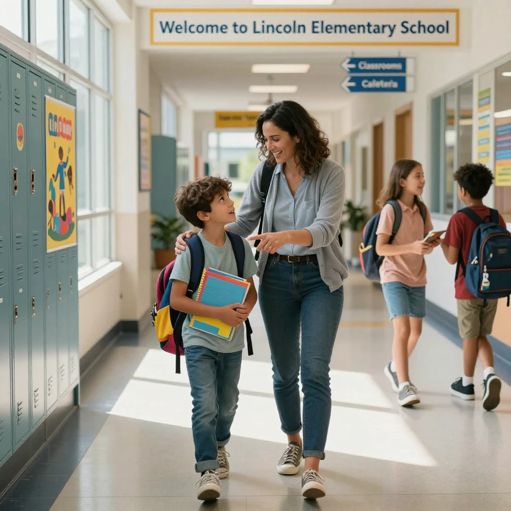 A teacher walking a new student through the school hallway on their first day.