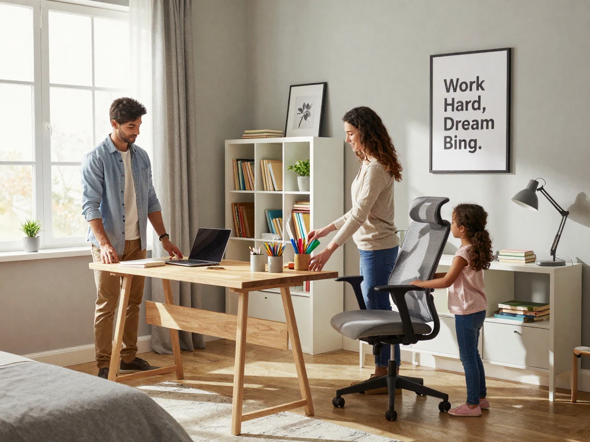 A family setting up a home office in a spare bedroom.