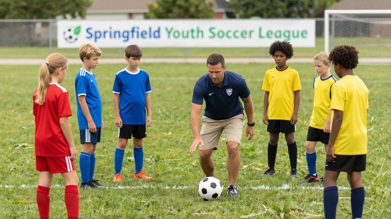 A youth soccer coach demonstrating a drill to young players.