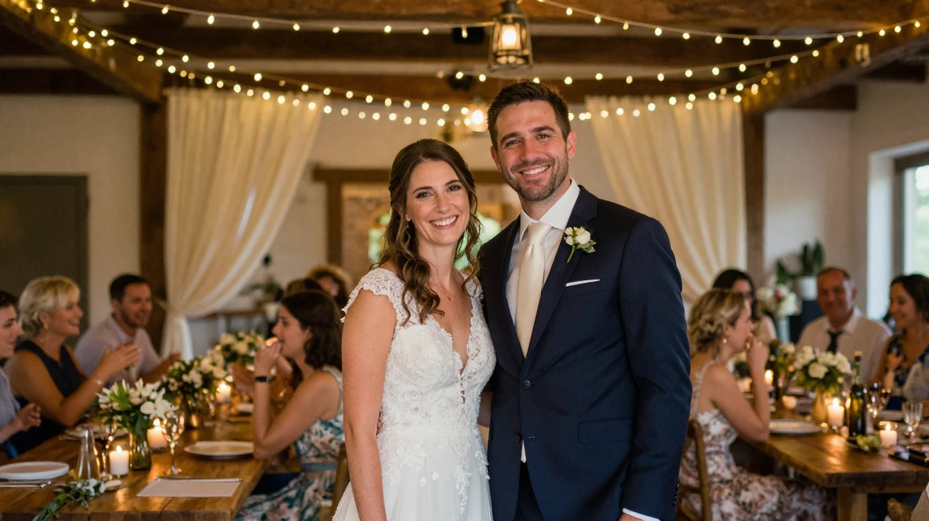 A couple posing together at their wedding reception under fairy lights.