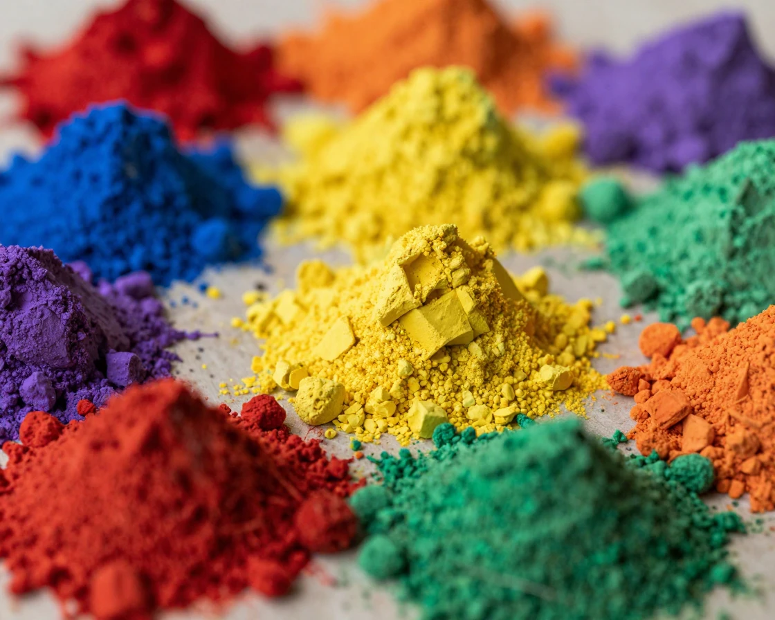 Abstract background of colorful powdered pigment stacked in small piles.