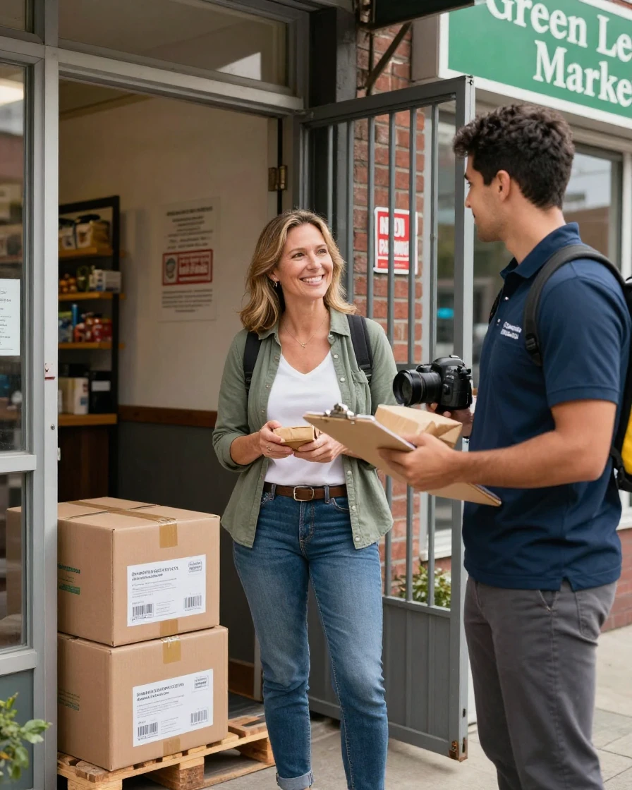 A small business owner talking with a delivery driver at the back entrance of her shop.