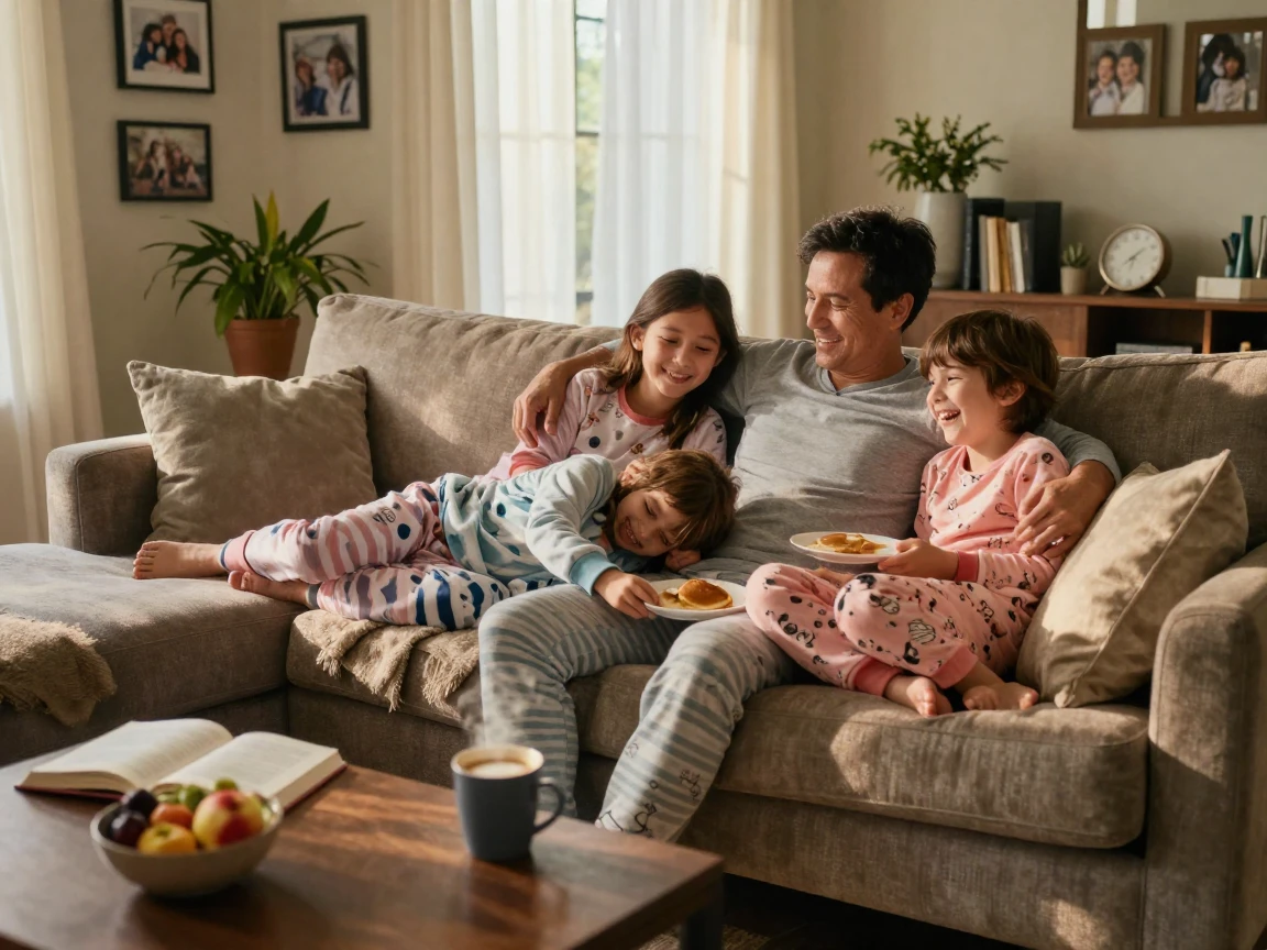 A family gathered on the couch for a lazy Sunday morning in pajamas.