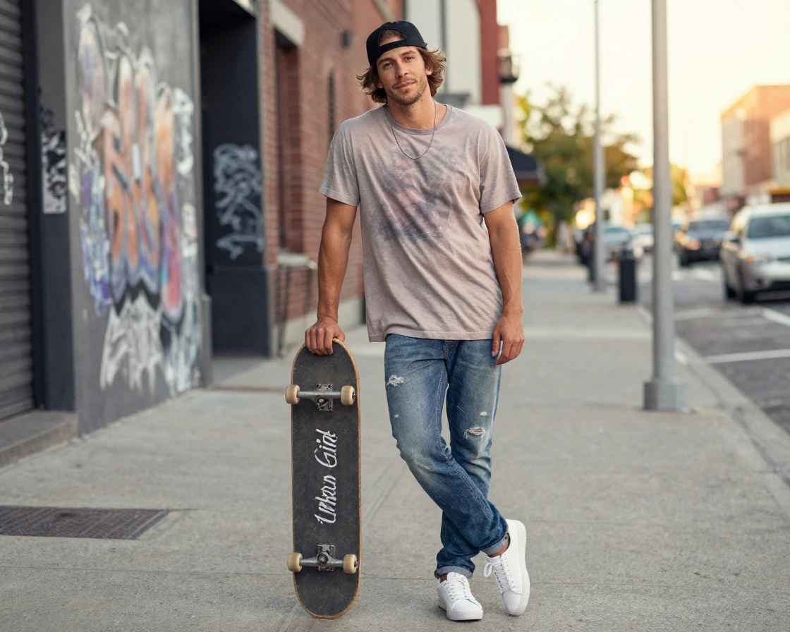 A man posing in a casual streetwear outfit leaning against a skateboard.