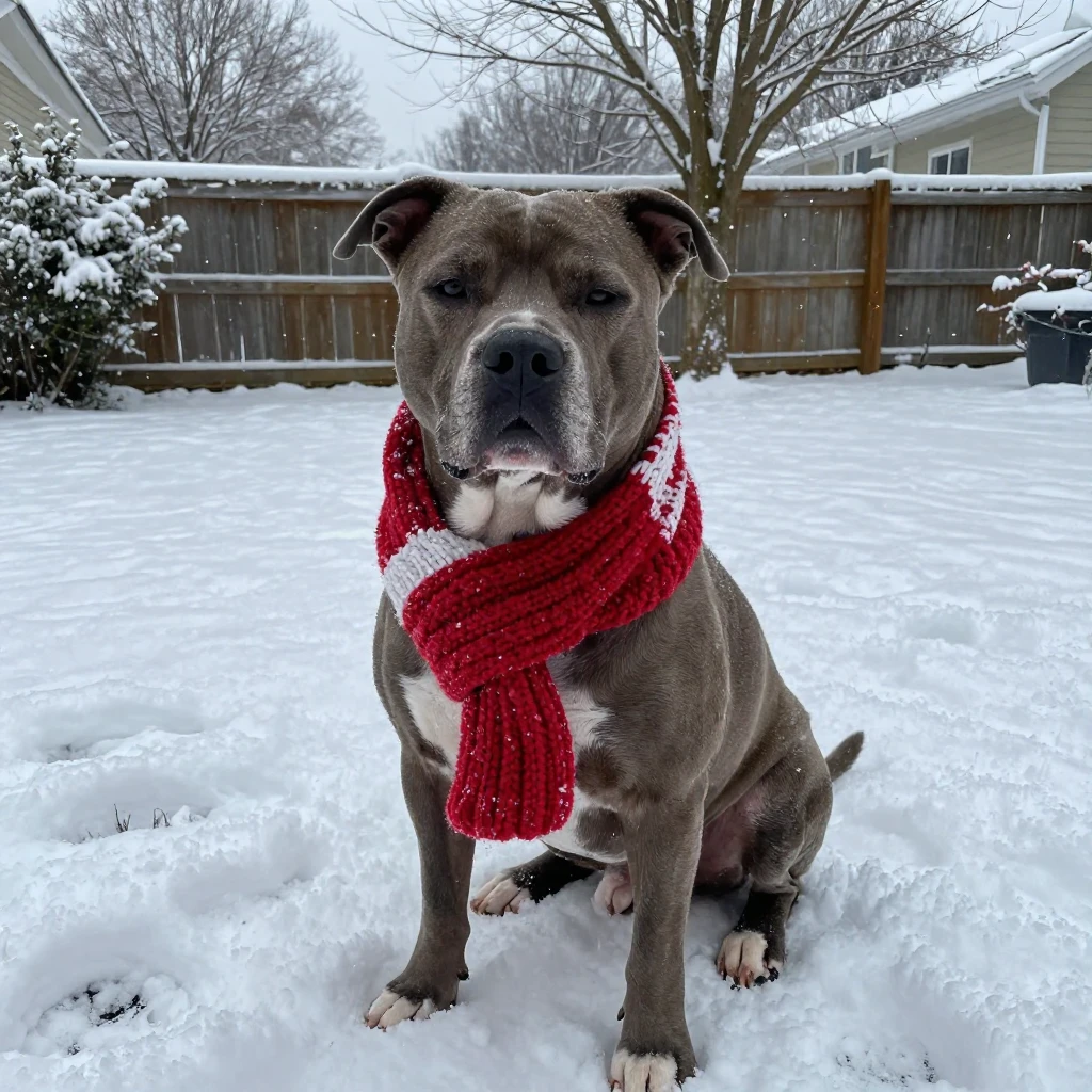 A dog wearing a scarf posing for a winter portrait in the snow.