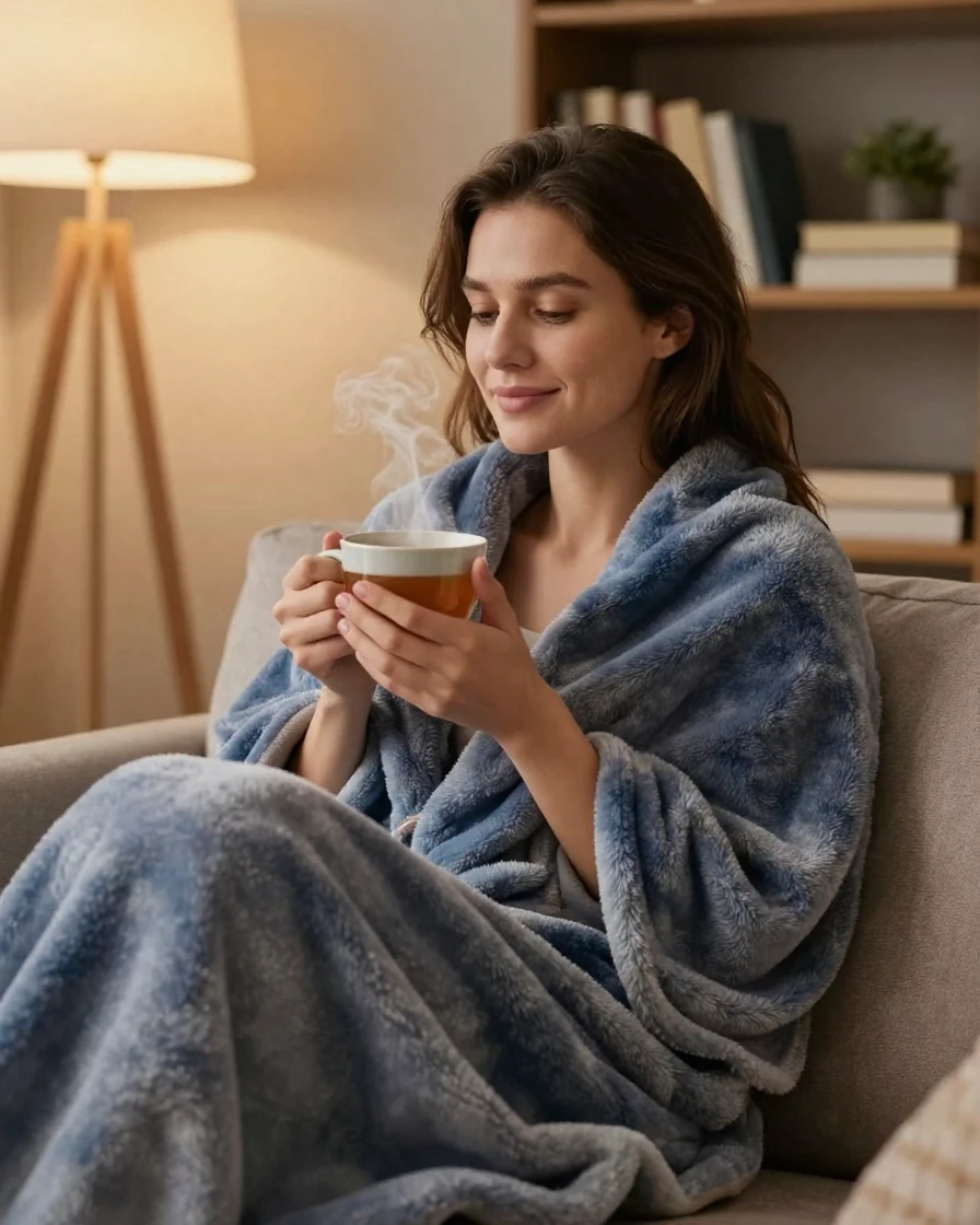 A woman unwinding with a warm cup of tea and a weighted blanket.