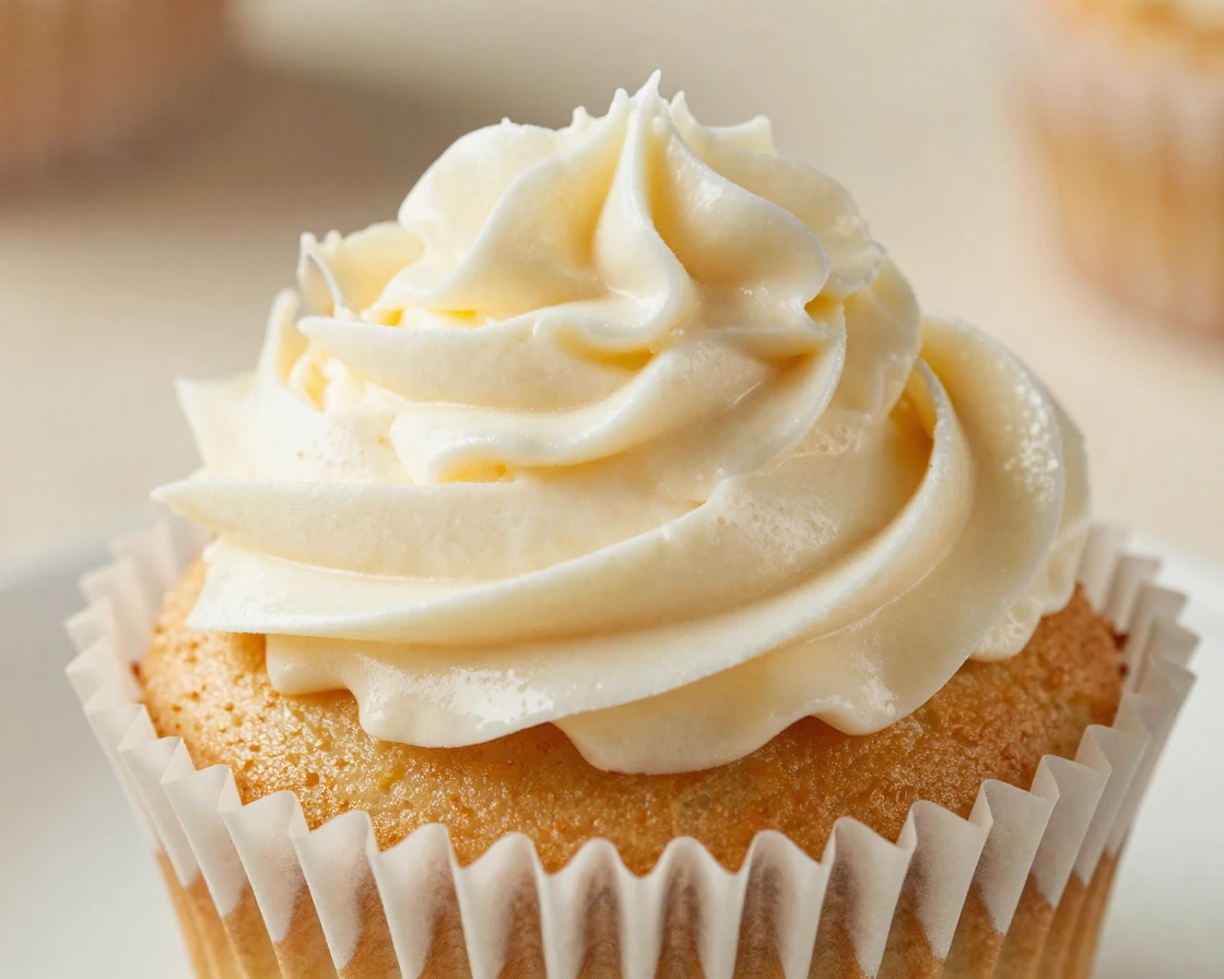 A close-up of a cupcake being unwrapped, frosting swirled on top.