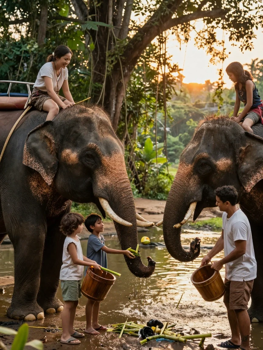 A family riding an elephant sanctuary tour, feeding and bathing elephants.