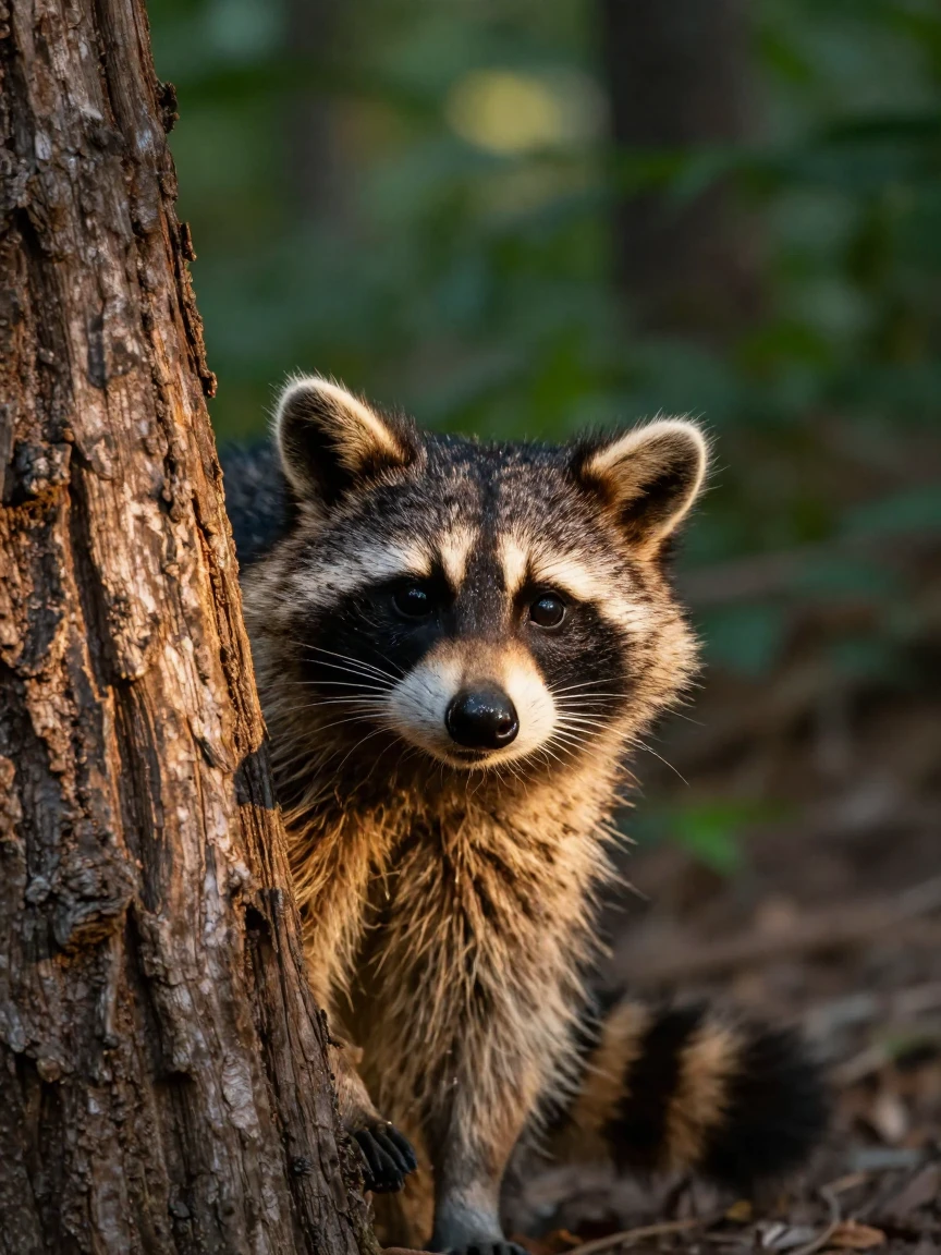 A close-up of a raccoon peeking out from a hollow tree trunk.