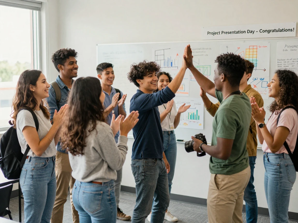 A group of students celebrating after a successful class project presentation.