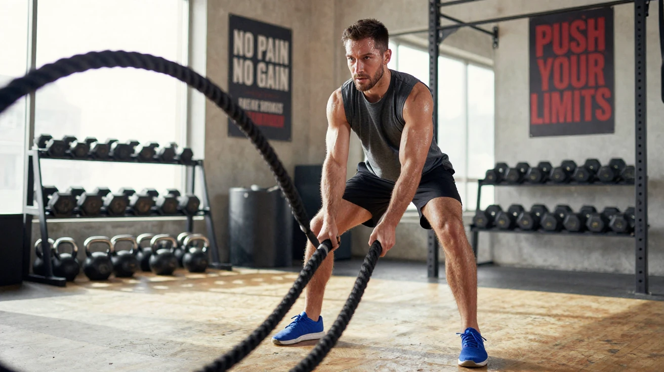 A man doing a battle rope slam during a high-intensity workout.