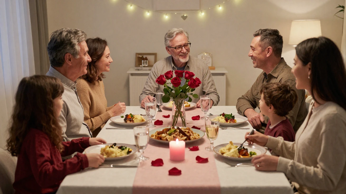 A family gathered together for a festive Valentine's Day dinner.
