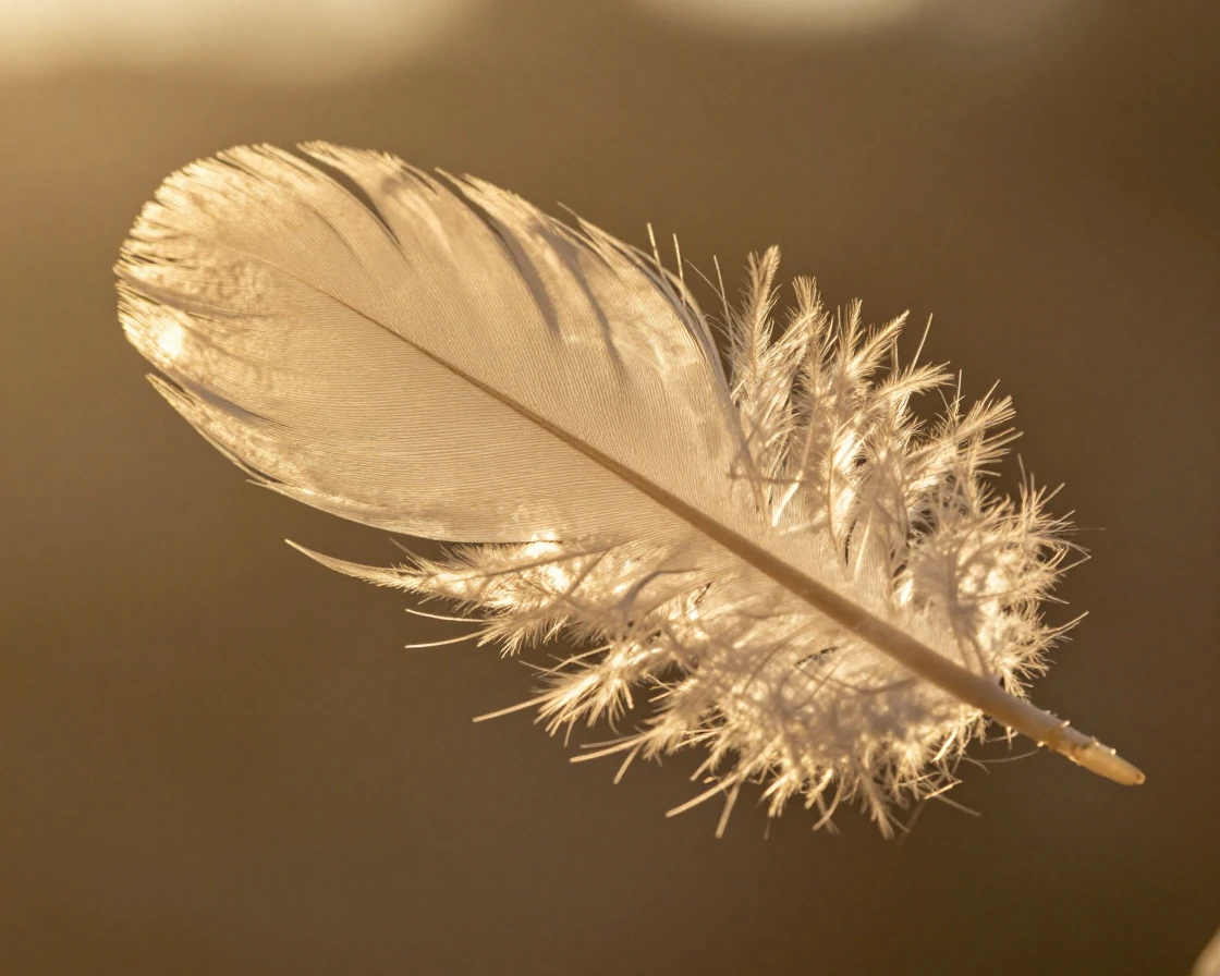 Close-up of a feather's soft texture backlit by warm light.