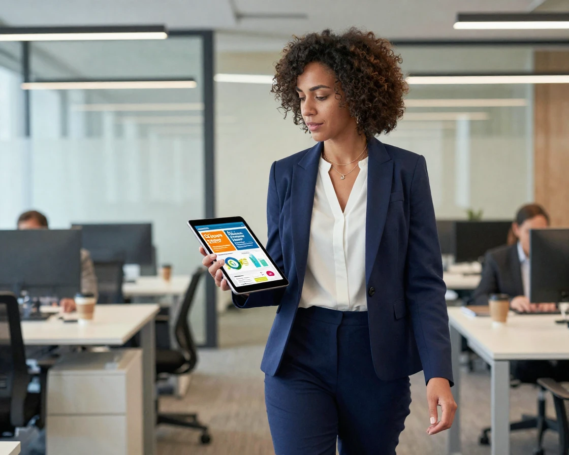 A businesswoman reviewing a marketing campaign on a tablet while walking through the office.