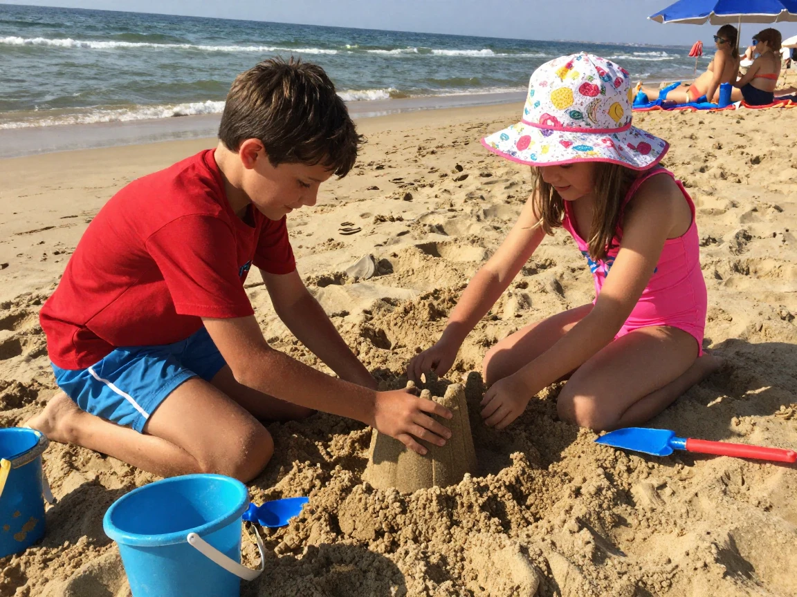 Siblings helping each other build a sandcastle on the beach.