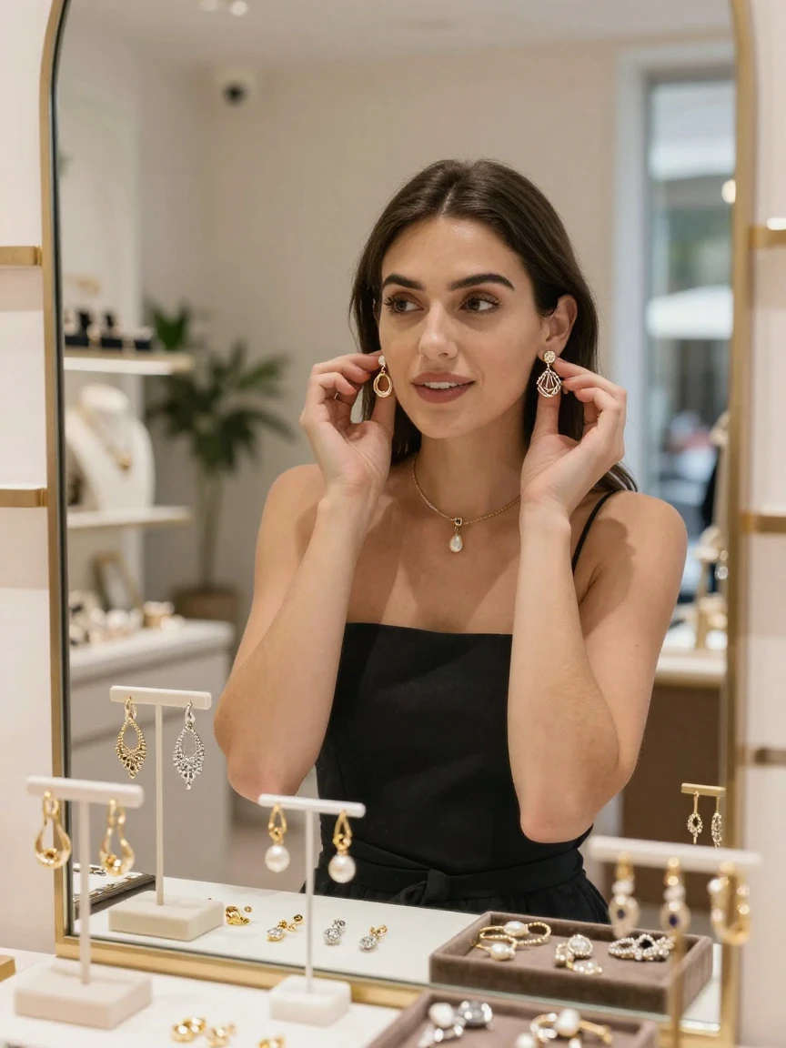 A woman trying on a wide array of earrings in front of a mirror.
