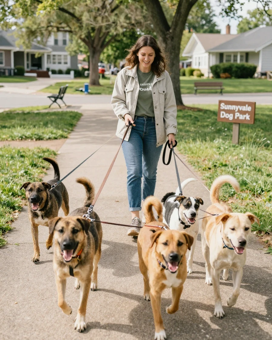 A shelter volunteer walking several rescue dogs together outdoors.