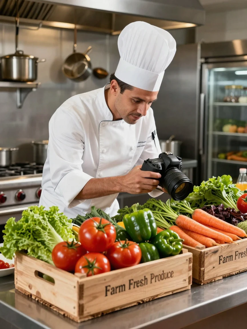 A chef inspecting fresh produce delivery in a restaurant kitchen.
