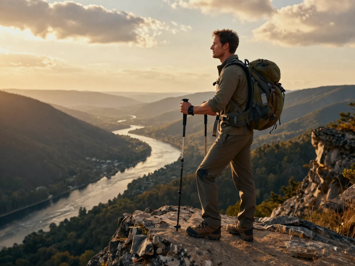 A hiker reaching a scenic overlook with a backpack and trekking poles.