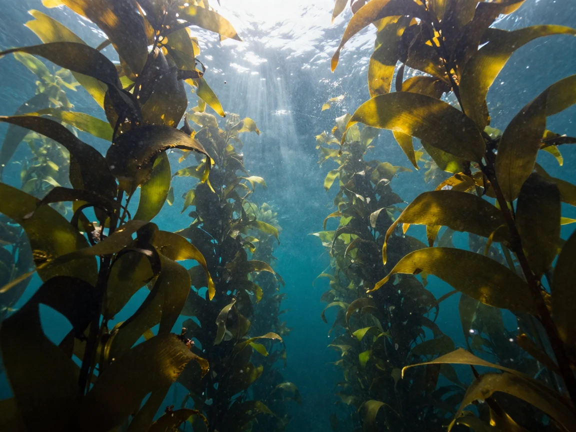 A vast kelp forest swaying gently underwater with sunlight above.