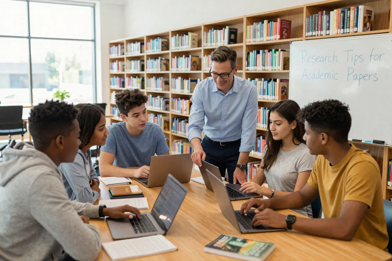 A librarian helping a group of students with research for a paper.