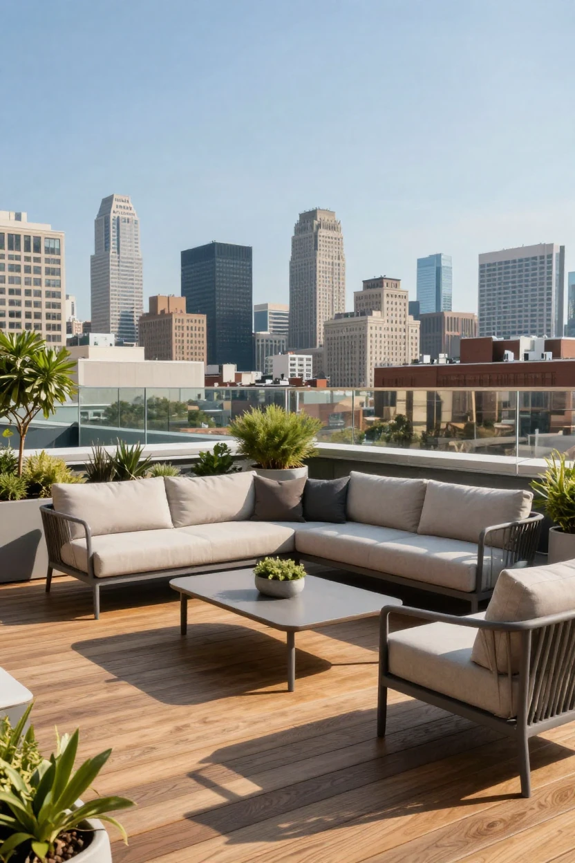 A modern rooftop deck with lounge seating and city views.