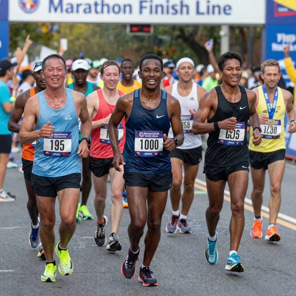 A group of runners finishing a marathon, exhausted but smiling.