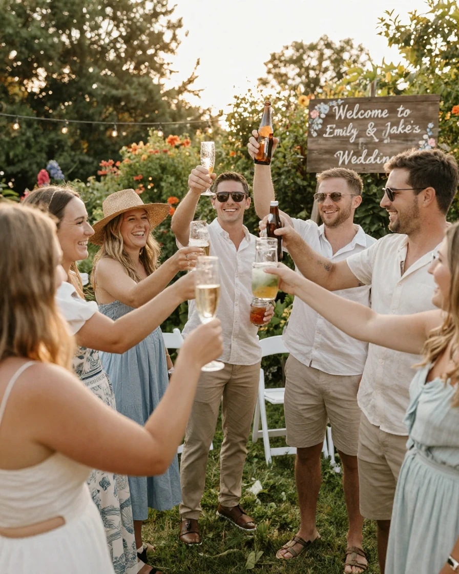 Friends raising a toast together at an outdoor summer wedding.