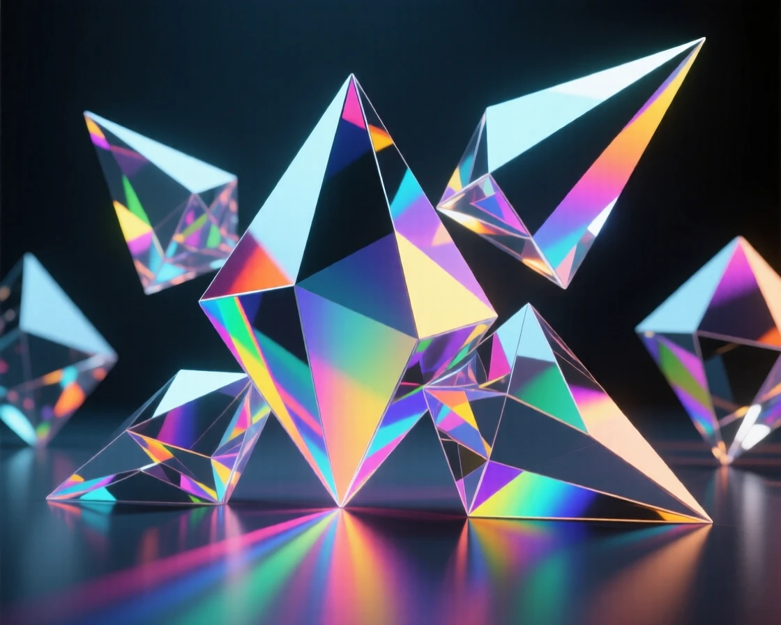 Abstract 3D render of geometric prisms refracting colorful light.