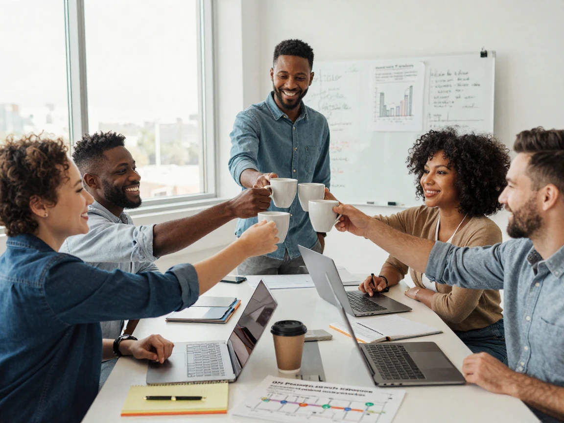 A team of coworkers gathered around a table toasting coffee cups to celebrate a project milestone.