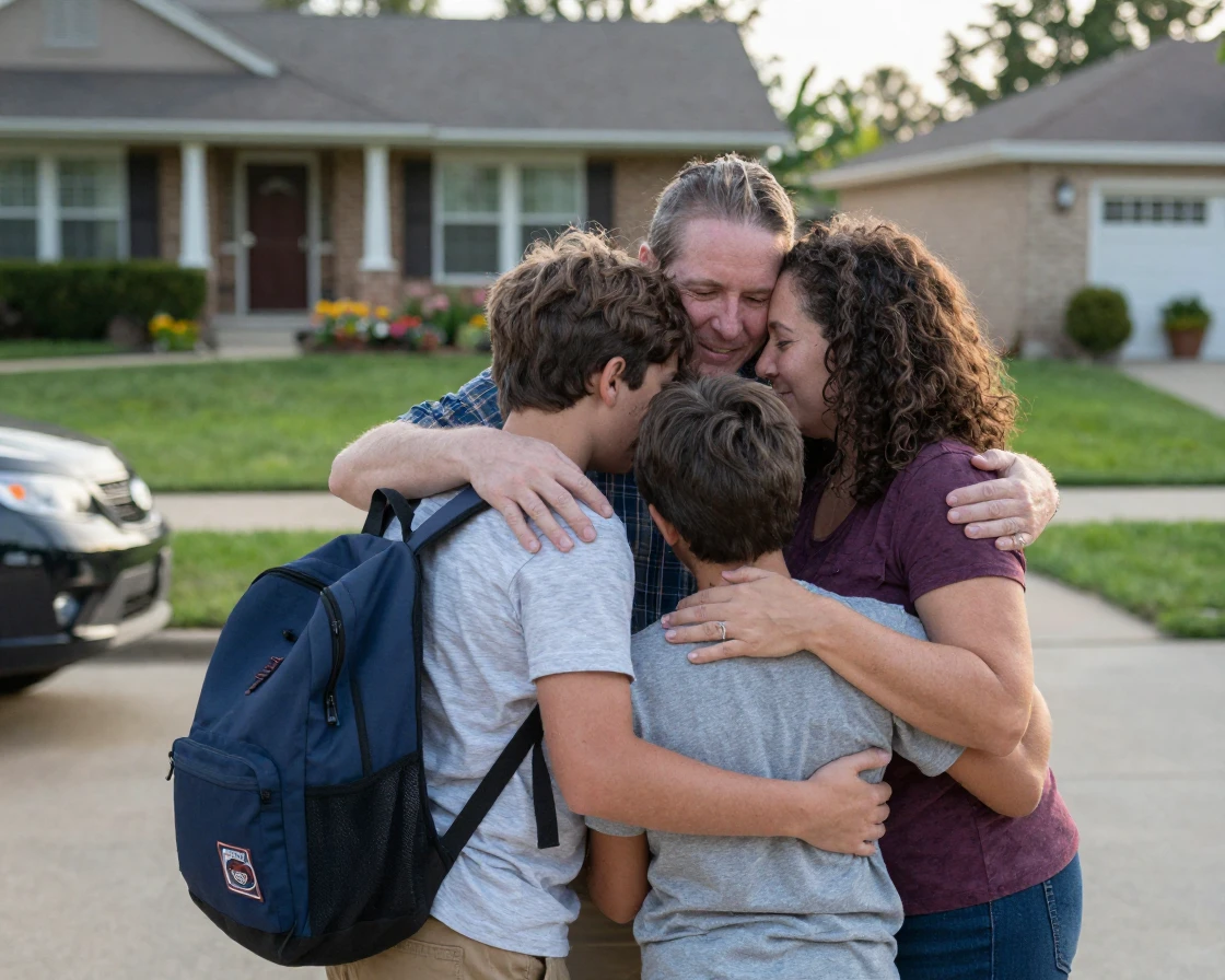 A family group hug in the driveway before a child leaves for college.