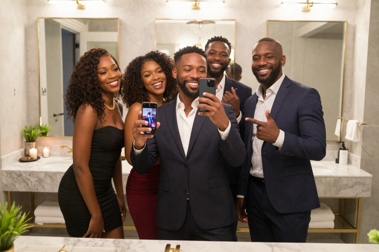 A group of friends taking a mirror selfie together dressed up for a night out.