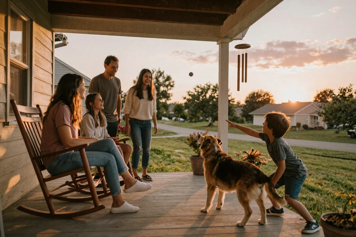 A family gathered on the porch, playing fetch with their dog at sunset.