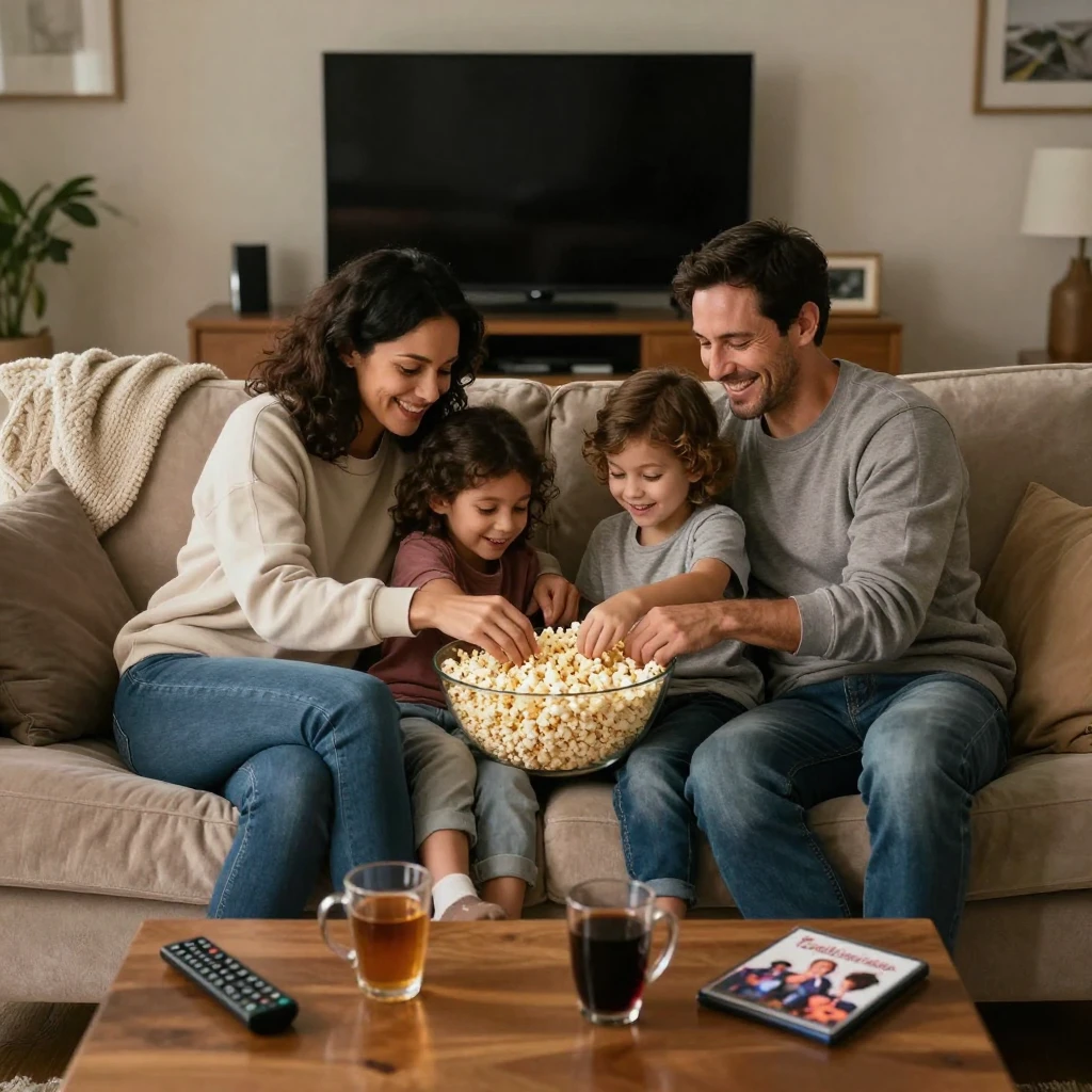 A family sharing a large bowl of popcorn during a movie night at home.