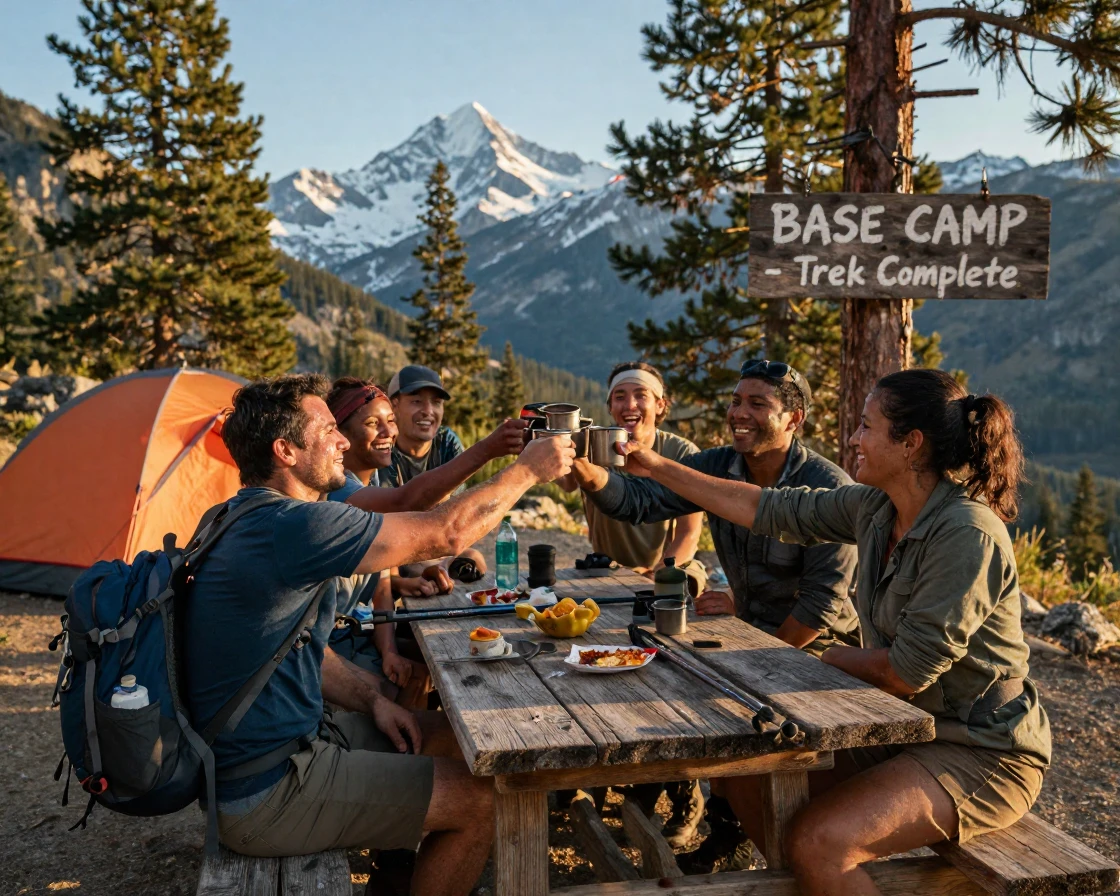 A group of friends celebrating the end of a multi-day trek at base camp.