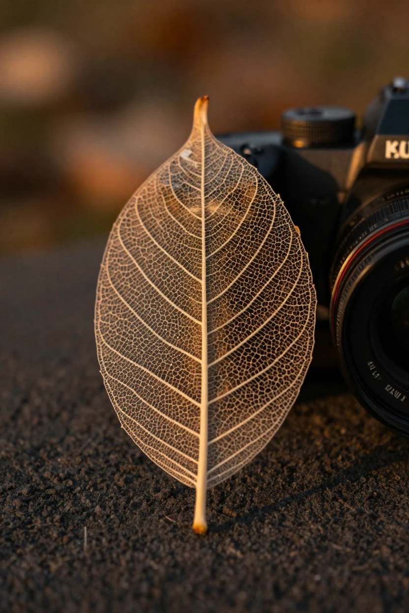 A close-up of a leaf skeleton left behind after autumn decay.