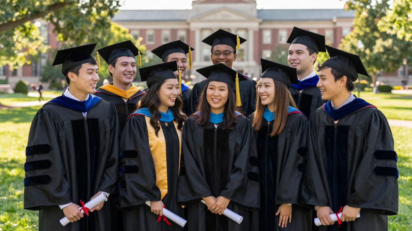 A group of graduates posing together in caps and gowns after the ceremony.