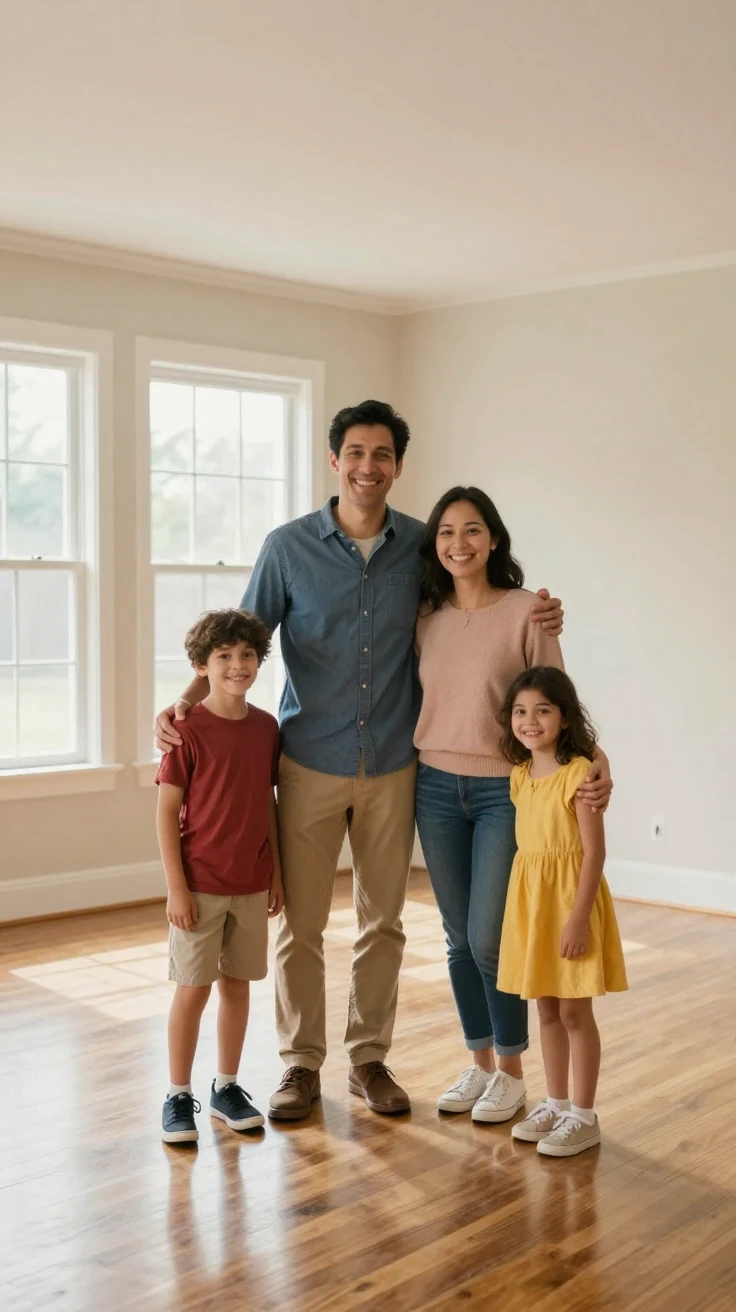 A family standing together in their new empty living room, smiling on move-in day.