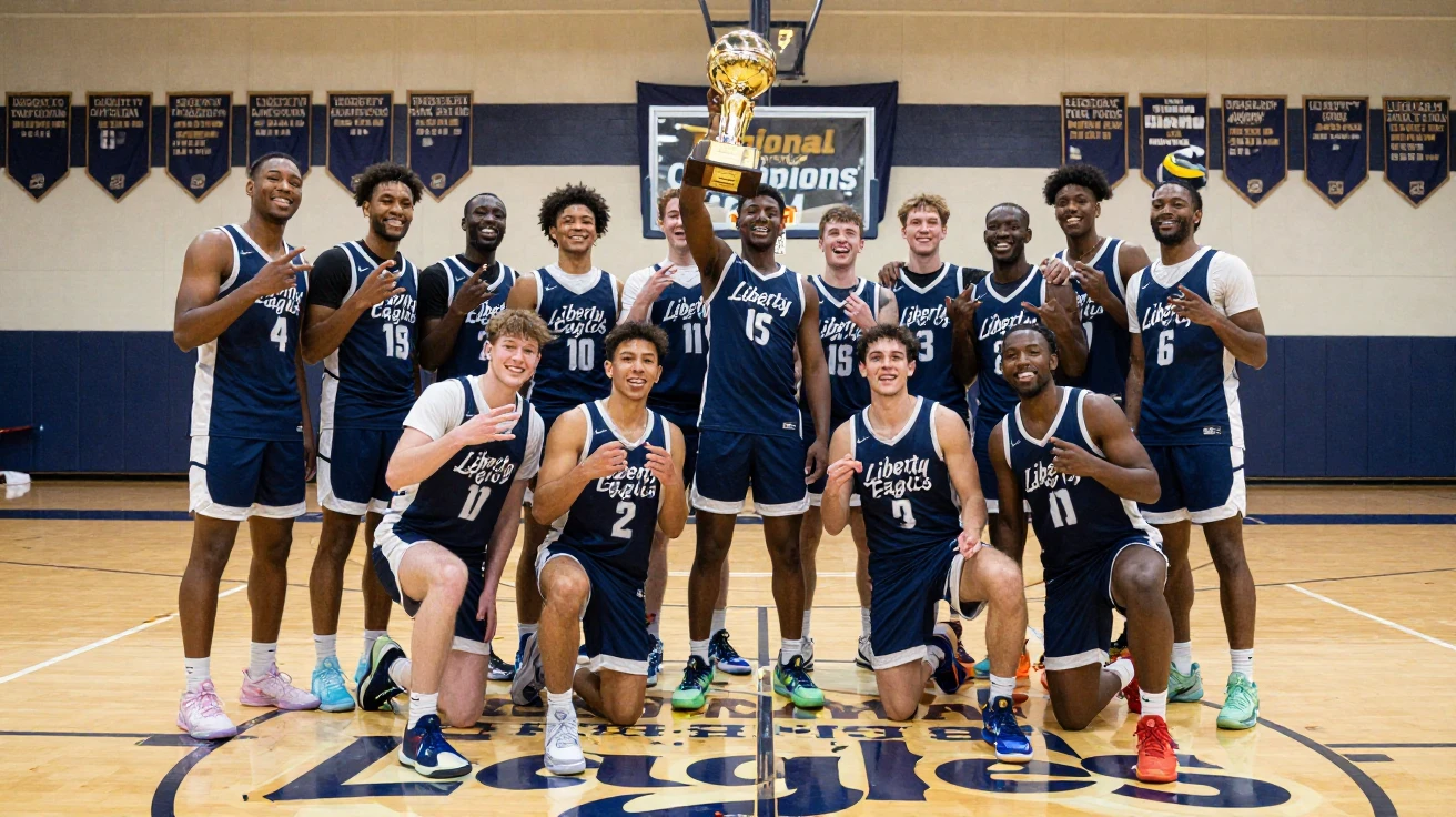 A basketball team posing together with a trophy after winning a championship.