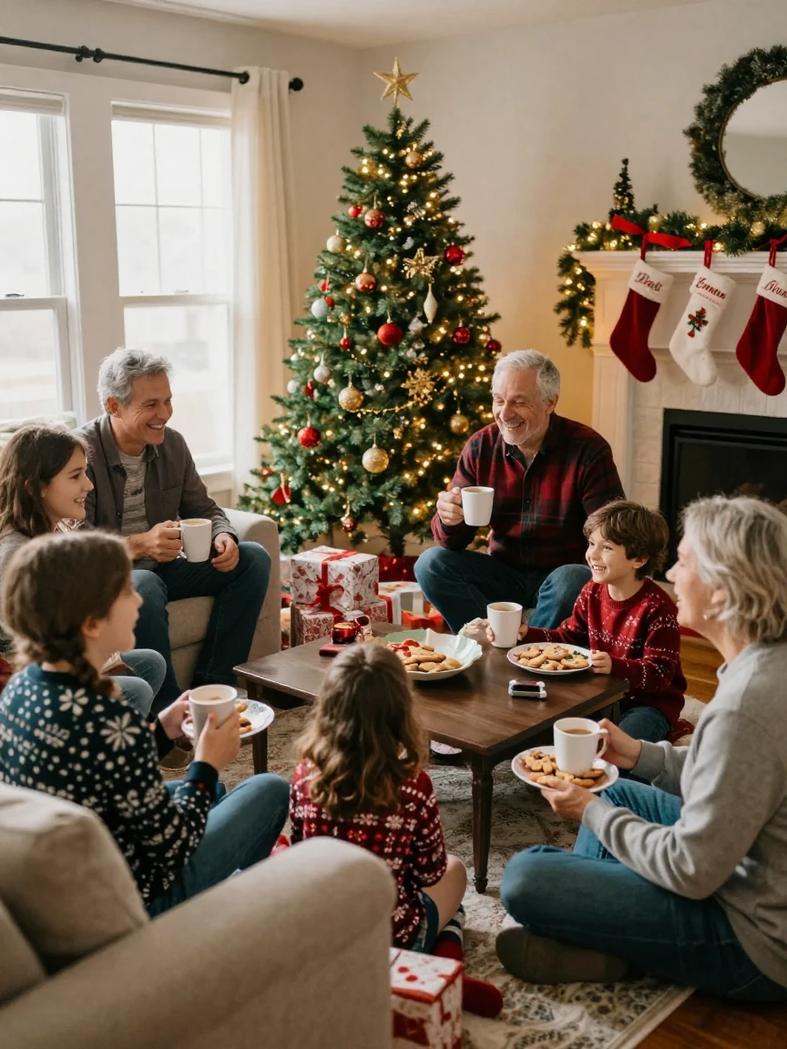 A family group photo taken together during a festive holiday gathering.