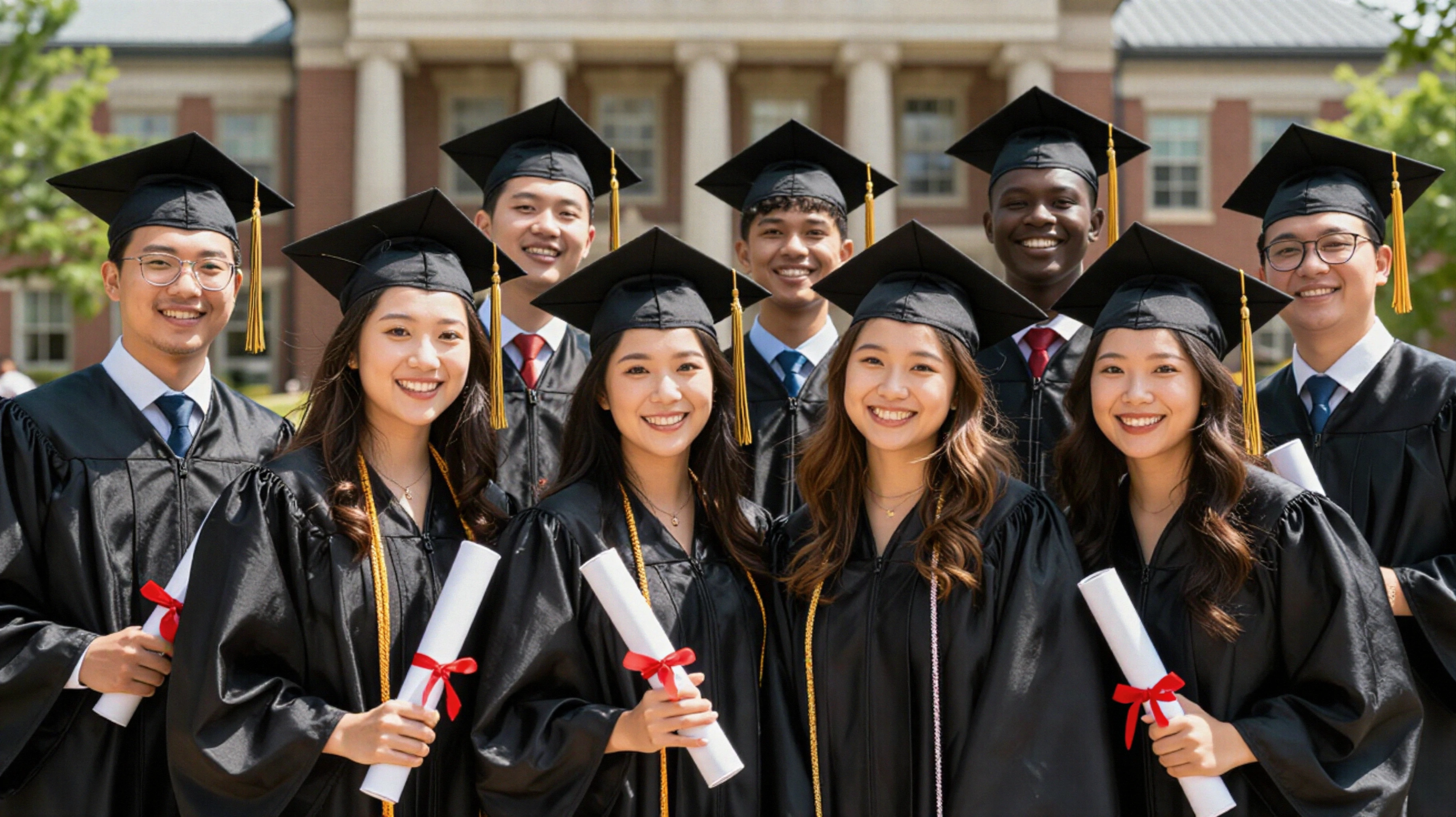 A group of graduates posing together in caps and gowns after the ceremony.