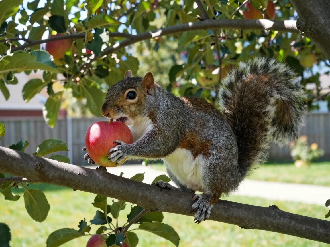 A squirrel is stealing an apple from my apple tree.