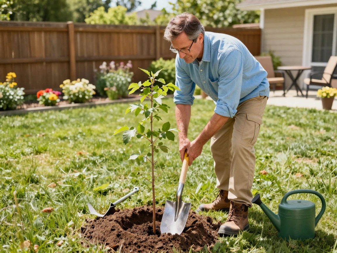 A middle age man is planting a tree in the backyard.