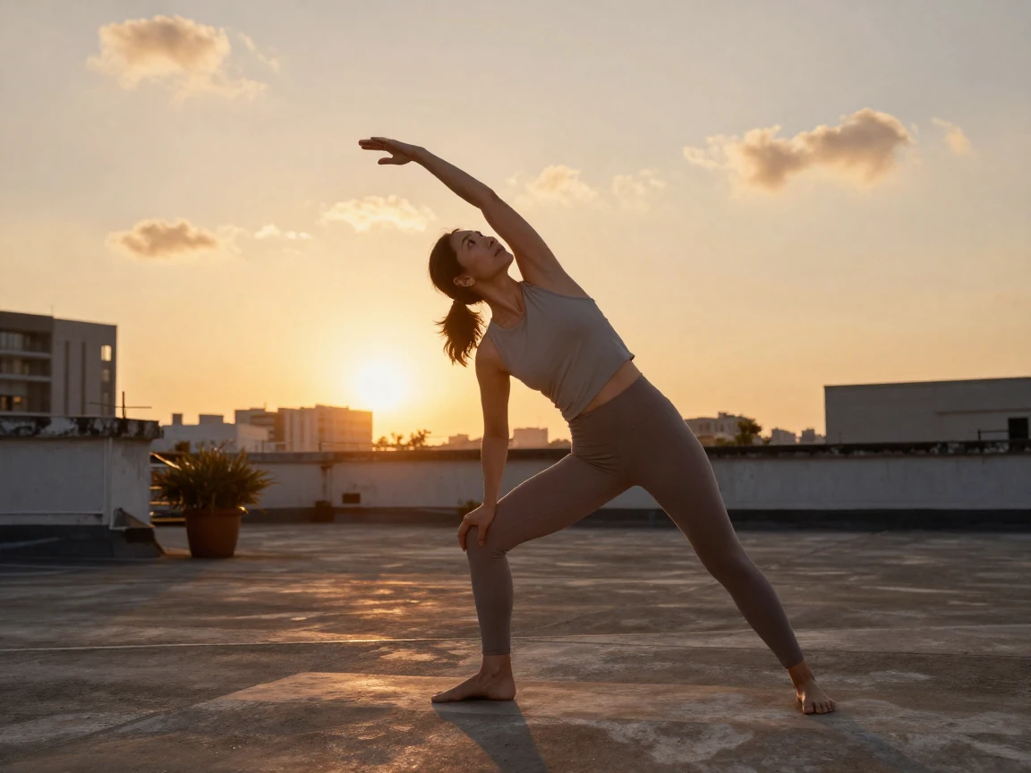 A woman is doing a sunset stretching session on a rooftop.