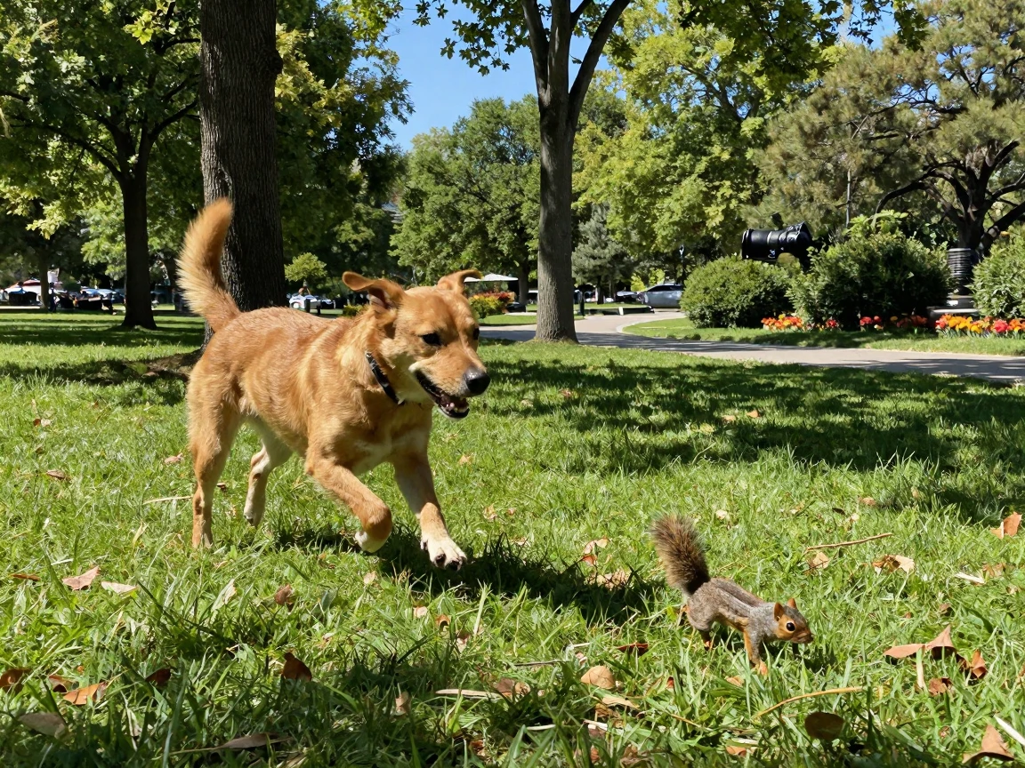 A dog is chasing a squirrel in a park.