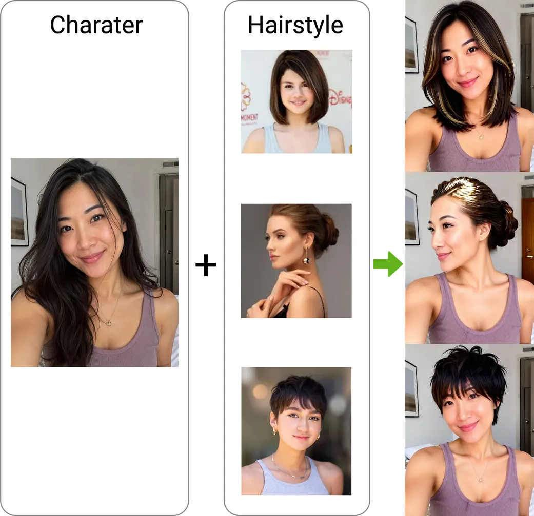 Virtual hairstyle try-on examples showing new haircuts and colors
